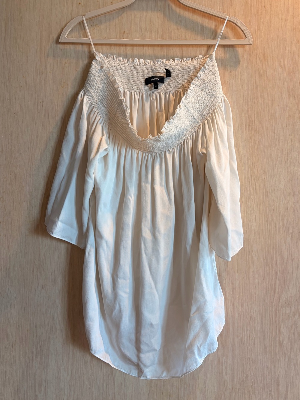 Theory Cream Smocked Off-Shoulder Top